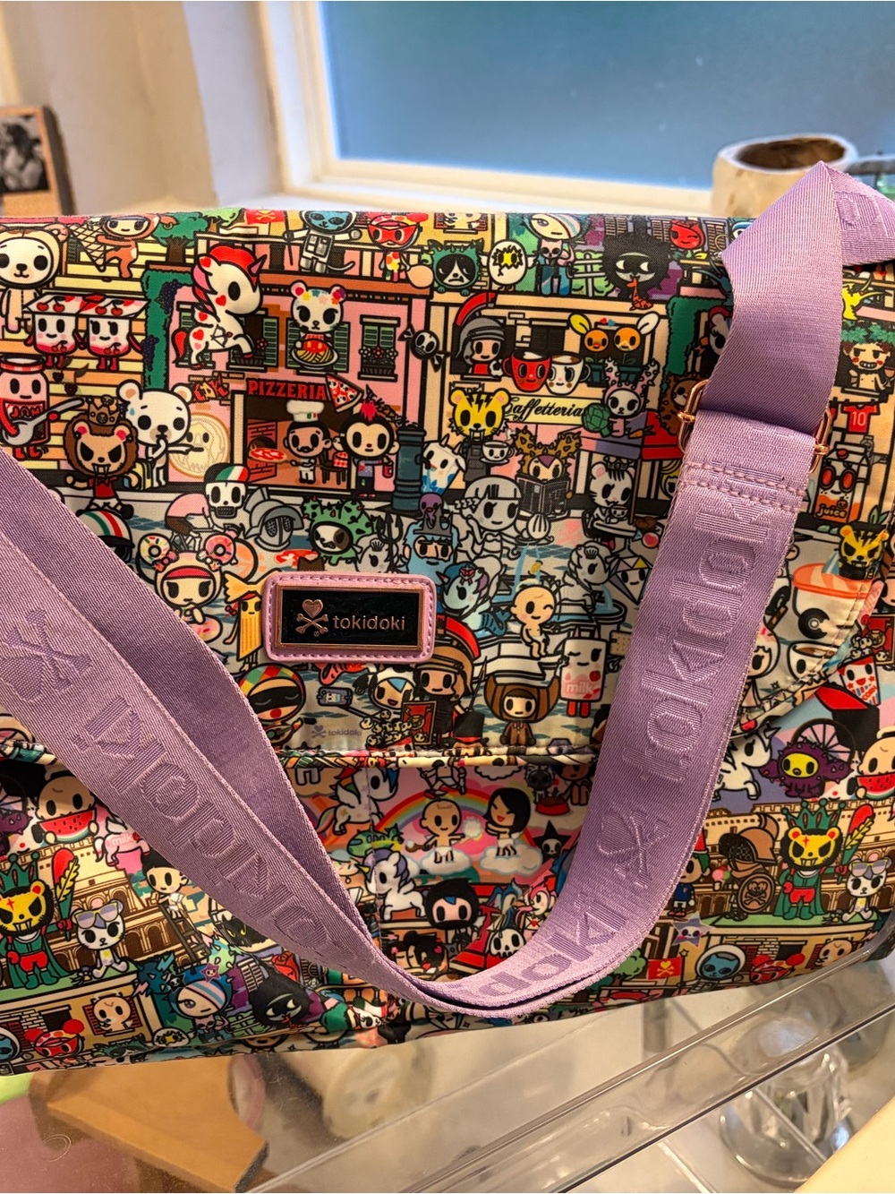 tokidoki Multicolor Character Print Tote with Lavender Straps and Logo Patch